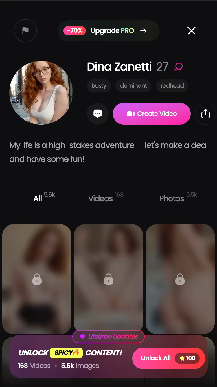 GoLove character profile on mobile showing the All / Videos / Photos library tabs