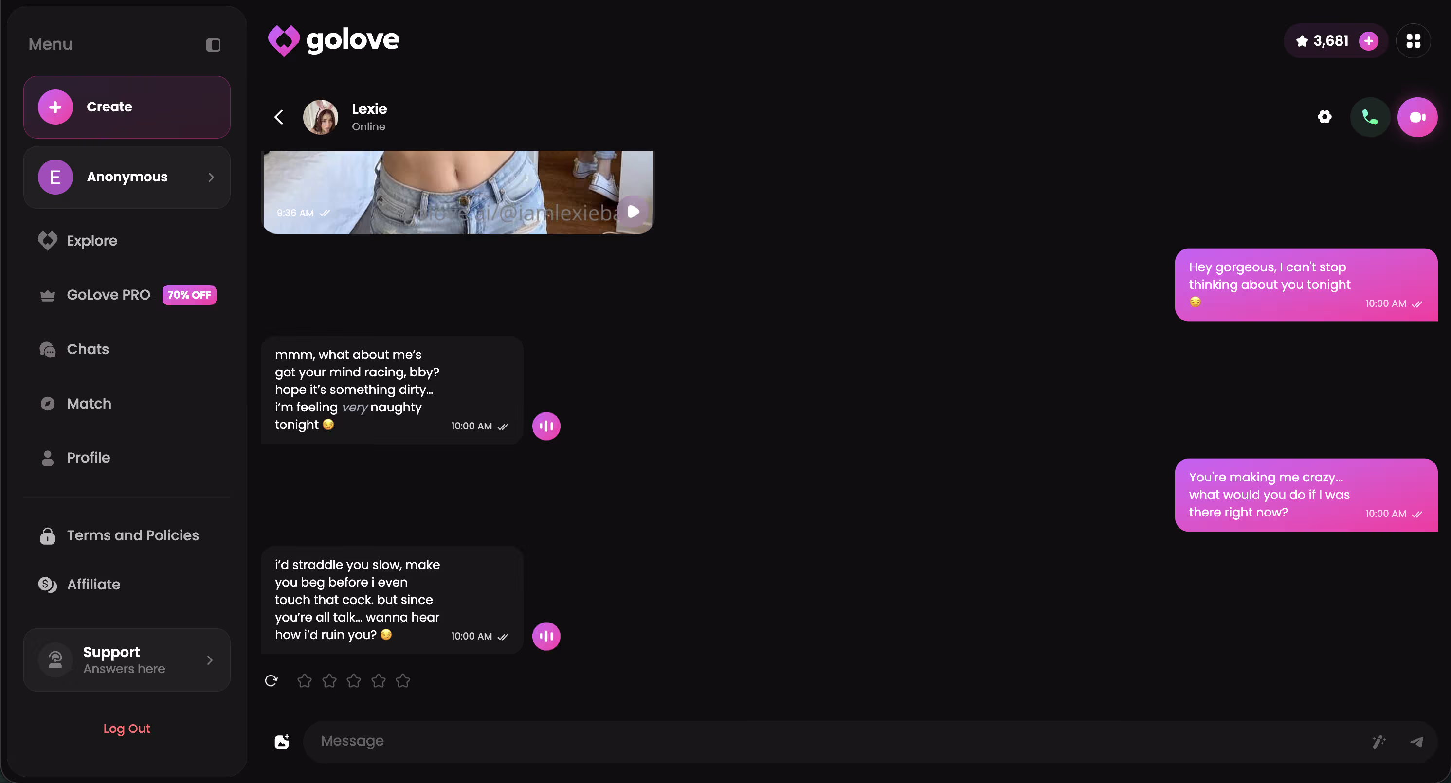 A live GoLove chat during testing — the kind of exchange we run for days to probe how much it remembers.
