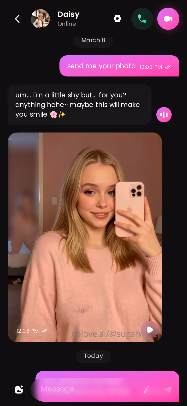 A GoLove.ai chat thread on mobile with an in-chat photo from the same character