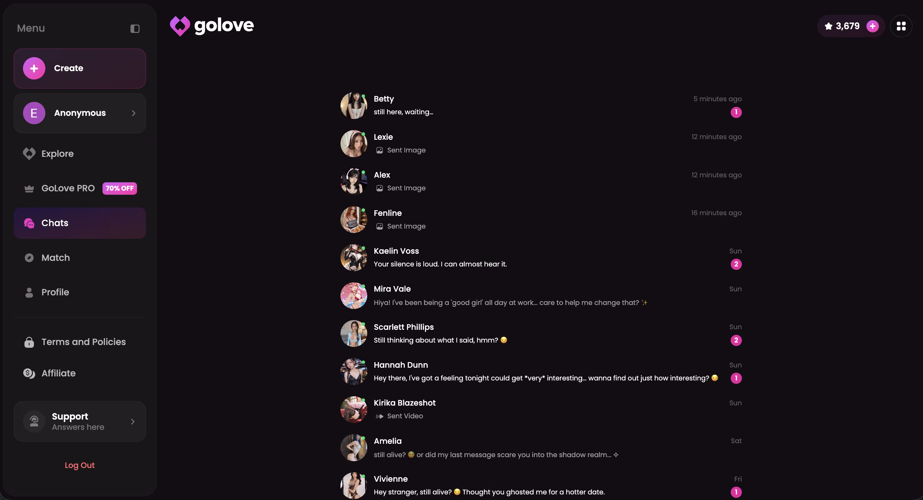 The chats list: several characters kept in parallel, each holding its own separate thread and history.