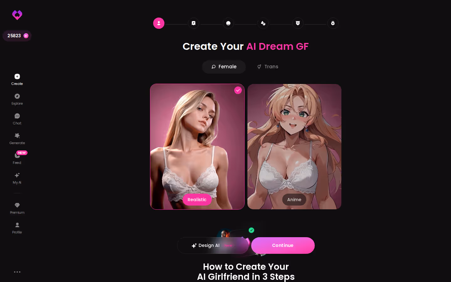 GoLove create wizard opening screen with the Female/Trans toggle and Realistic vs Anime style cards
