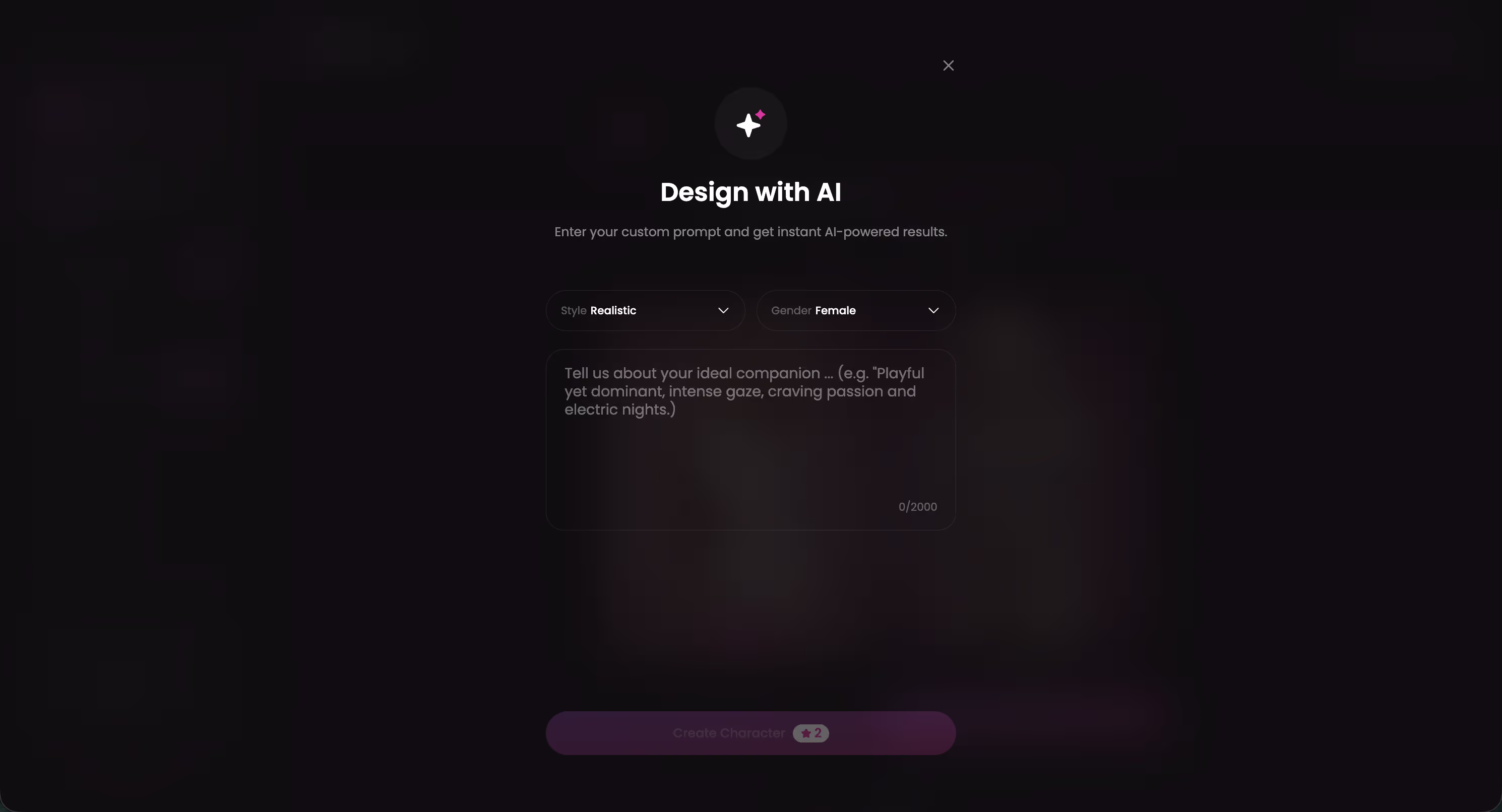 GoLove Design with AI panel where a text description is turned into a full character