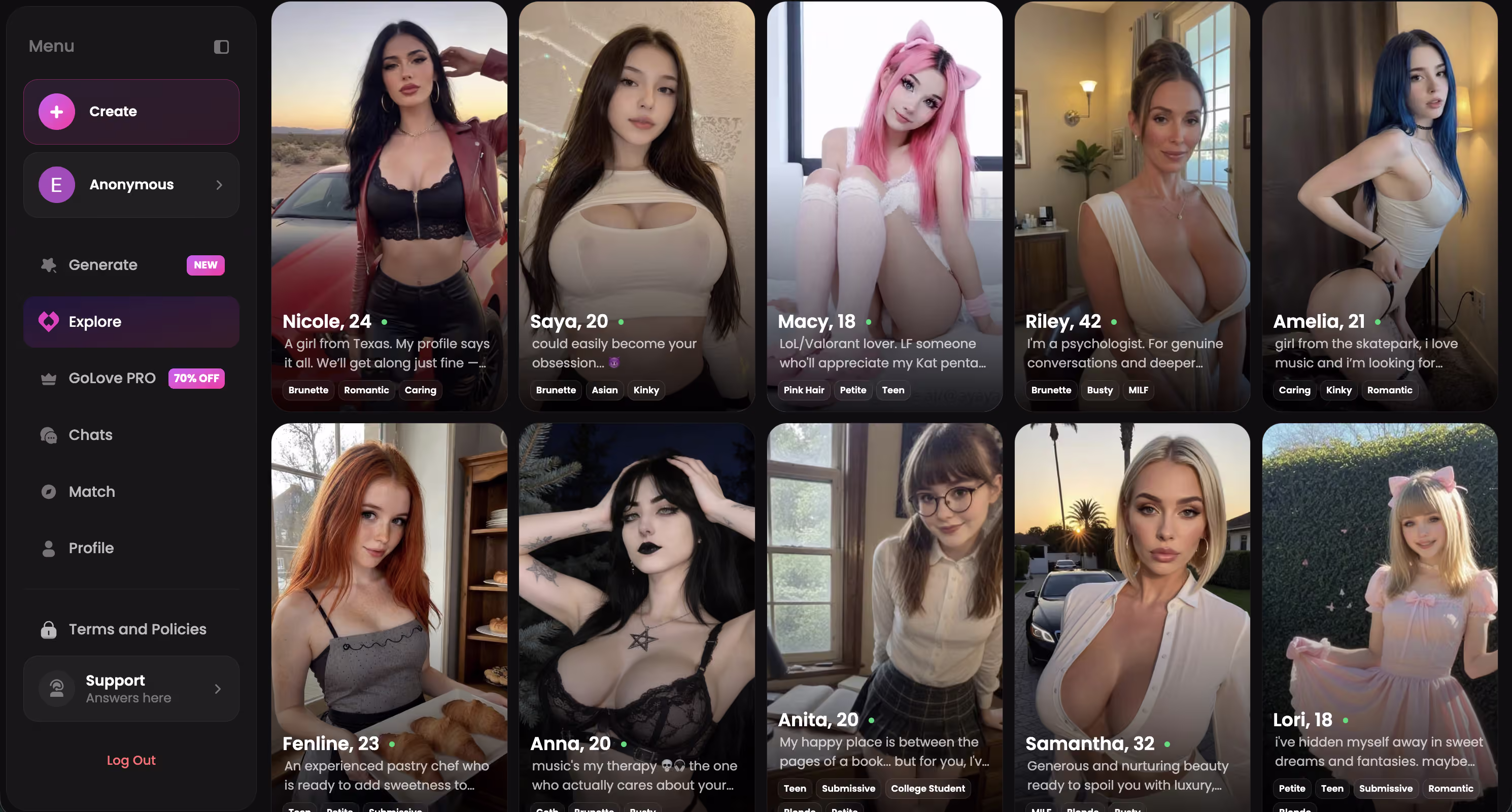 Explore page with realistic AI girlfriend roster — ai porn video chat