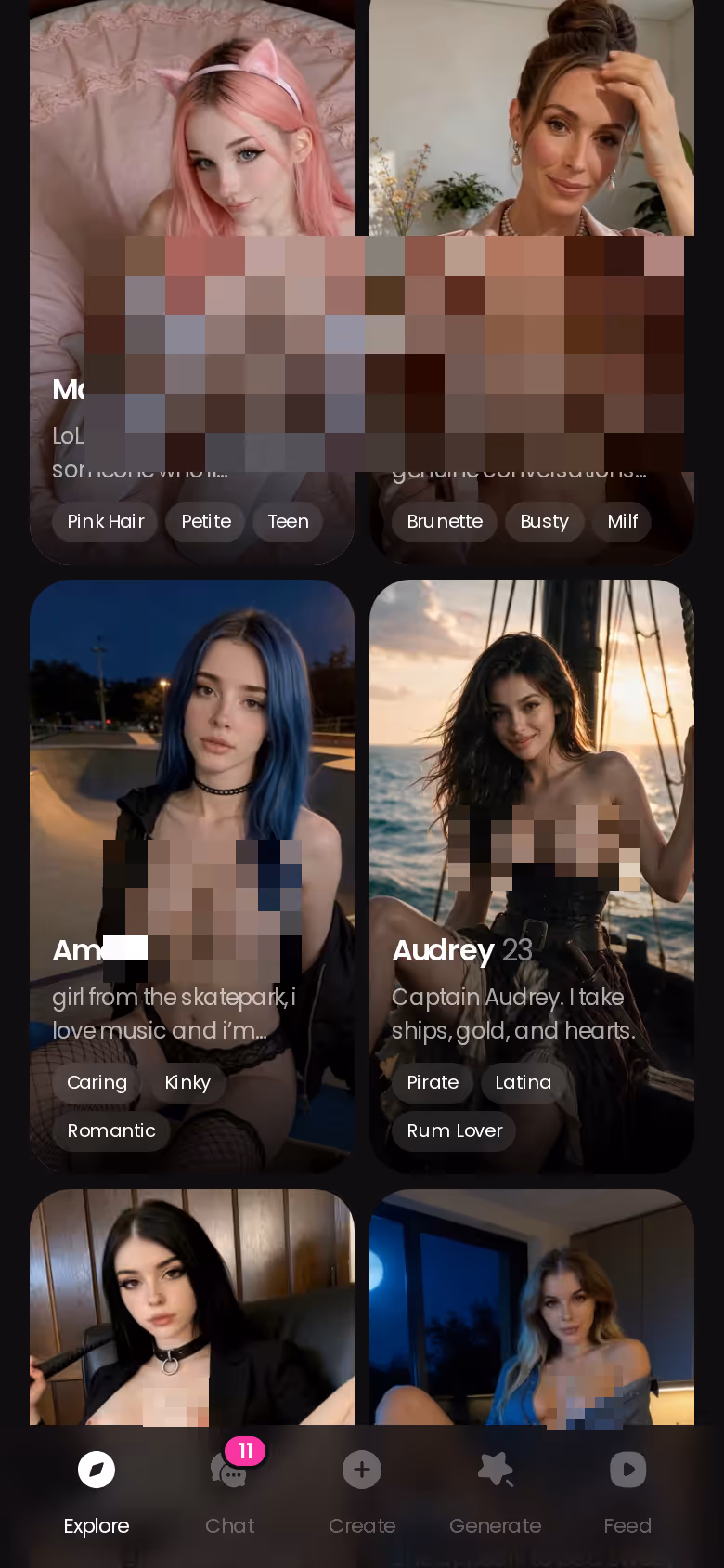 GoLove.ai Explore page on mobile showing realistic characters you can open a chat with
