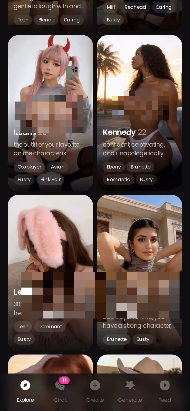 GoLove Explore grid on mobile showing the character roster and category tabs