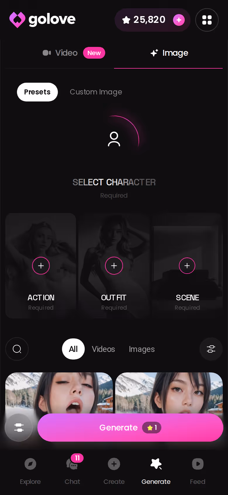 GoLove Image mode on mobile with stacked pose, outfit and background presets